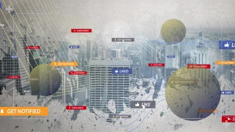Frame 1 starting orbs appearing, drifting, central building gaining badges Stock Footage 328224445