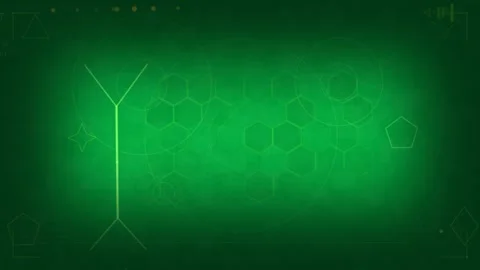 Frame 1 starting on pixel band, HUD animating neon hexes, rotating rings, Stock Footage 333907466