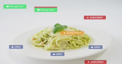Frame 3 starting notification badges popping and floating over green pasta plate Stock Footage 323273666