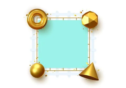 Frame with 3d geometric golden elements with place for text. Art minimal design. Illustrazione stock