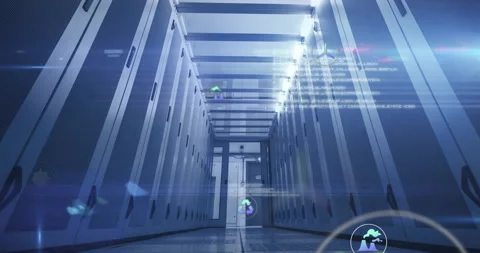 Frame-4 icon appearing in server aisle, icons floating upward and streaming code Stock Footage 311508258
