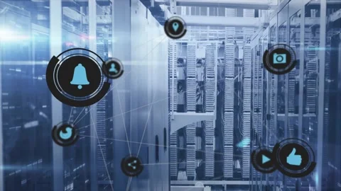 Frame advancing through server aisle showing icons appearing linking network Stock Footage 328928467