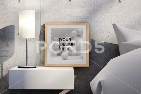 Frame and lamp on table near bed PSD Template