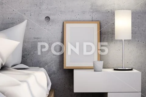 Frame and lamp on table near bed. 3d render PSD Template