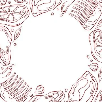 Frame with assorted raw meat cuts with herb, pepper, garlic and spice on a white Illustrazione stock