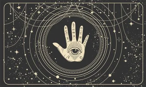 Frame for astrology, tarot, palmistry, fortune telling. Palm and all-seeing eye Stock Illustration