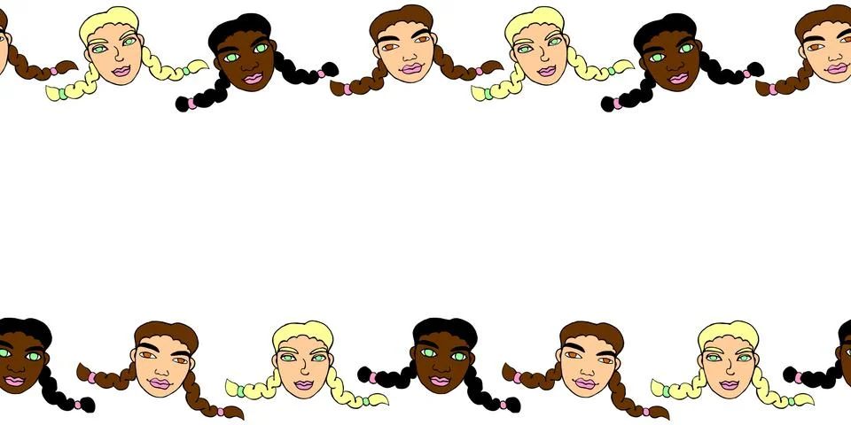 Frame, background, seamless pattern of cartoon faces of children, girls with  스톡 일러스트