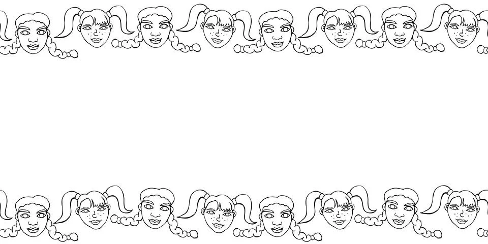 Frame, background, seamless pattern of contoured faces of children, girls wit Stock Illustration