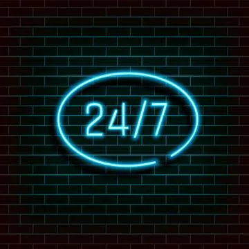 Frame banner in the shape of an ellipse. Open 24 7. Hours Neon Light on Brick Illustrazione stock