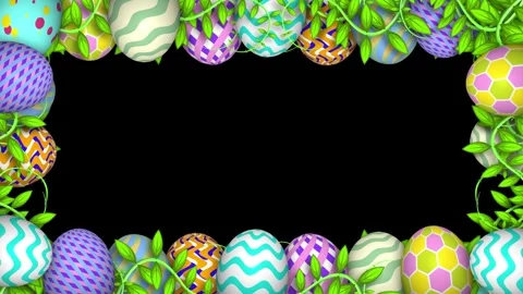Frame of beautifully decorated easter eggs and plant leaves on black screen.. Stock Footage 268469882