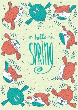Frame from birds with Hello Spring Illustrazione stock