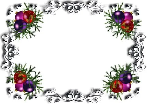 A frame with black corner patterns and Christmas balls on white background fo Stock Illustration