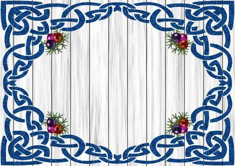 A frame with blue corner patterns and Christmas balls on wooden background fo Stock Illustration