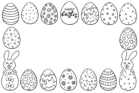 Frame, border with outline decorative Easter eggs and cute rabbits. Vector ha Ilustración de archivo