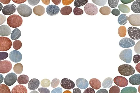 Frame border pattern of colorful pebbles collection isolated on white with co Stock Photos