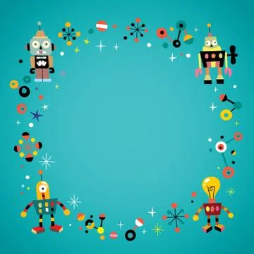 Frame border with retro robots Stock Illustration