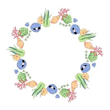 Frame, border, of sea shells. summer sea, underwater illustration Stock Illustration