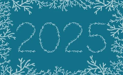 Frame from branches of spruce tree in hand drawn style with number 2025, ne.. Stock Illustration