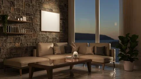 Frame on bricks wall over sofa couch and table on tile floor aside glass wi.. Ilustração Stock