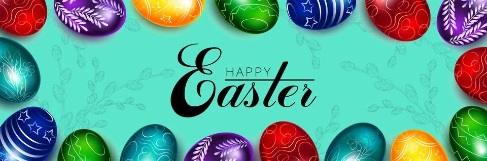 Frame of bright Easter eggs on a blue background with congratulation Stock-Illustration