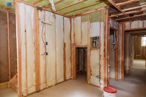 The frame building or house with basic electrical wiring 스톡 사진