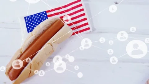 Frame changing spawning icon network forming obscuring hot dog with small flag 스톡 동영상 329509734