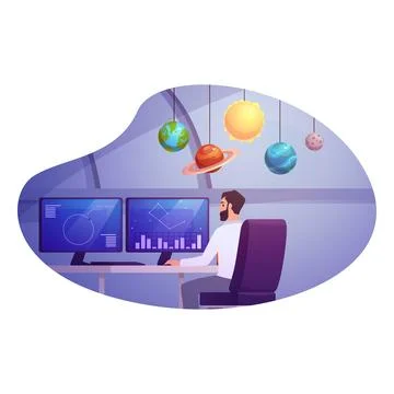 Frame with a character at an observatory computer desk, planet models on the 스톡 일러스트