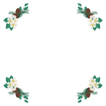 Frame of cherry or apple white flowers with spruce needles and cones Illustrazione stock