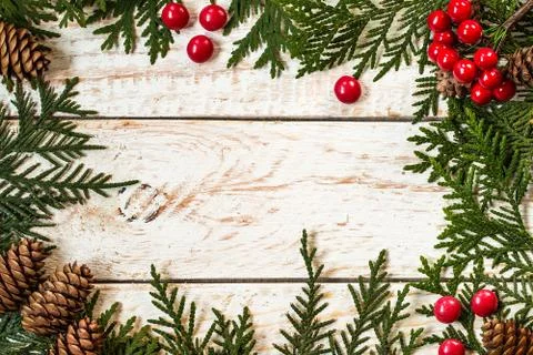 Frame from christmas tree branches with pine cones Stock Photos