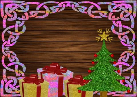A frame with colorful corner patterns and Christmas ornaments on wooden backg Stock Illustration