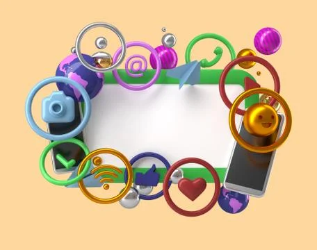 The frame with composition of flying social network icons. - 3d, 3d rendering Stock Illustration