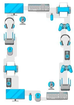 Frame with computer equipment. Gaming technology and work devices. Illustrazione stock