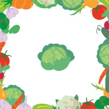 A frame consisting of different kinds of vegetables with cabbage in the cente Stock Illustration
