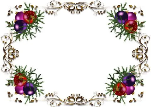 A frame with corner patterns and Christmas balls isolated on white copy space Stock Illustration