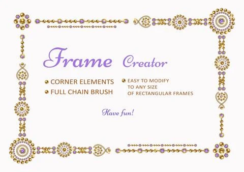 Frame creator with corner elements, round jewelry motifs, pattern chain brush Illustrazione stock