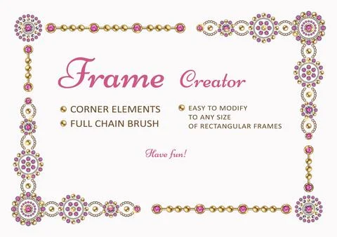 Frame creator with corner elements, round jewelry motifs, pattern chain brush Stock Illustration