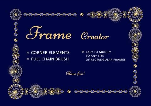 Frame creator with corner elements, round jewelry motifs, pattern chain brush Stock Illustration