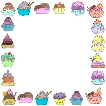 Frame with cute cupcakes with faces. Vector design. Stock Illustration