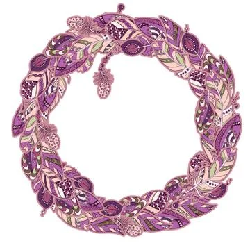 Frame decor element in a shape of a circle in vector graphic with feathers in Stock Illustration