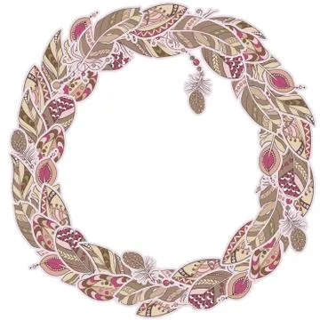 Frame decor element in a shape of a circle in vector graphic with feathers in Stock Illustration