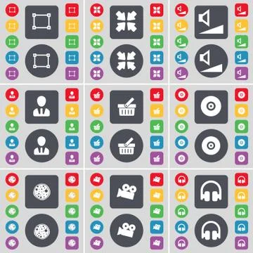 Frame, Deploying screen, Volume, Avatar, Basket, Disk, Pizza, Film camera, Headp Stock Illustration