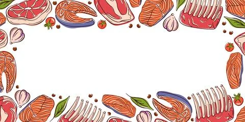 Frame design with flat style of meat, salmon fish, garlic, tomato, pepper and Stock Illustration