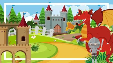 Frame design with knight and red dragon by the castle Stock Illustration