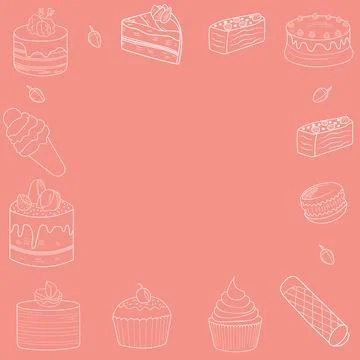 Frame of different types of sweets in doodle style. Stock Illustration