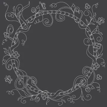 Frame with doodle flowers and elements on the black background Stock Illustration