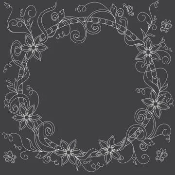 Frame with doodle flowers and elements on the black background Stock Illustration
