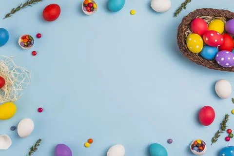 Frame from easter eggs basket table. High quality beautiful photo concept Stock Photos