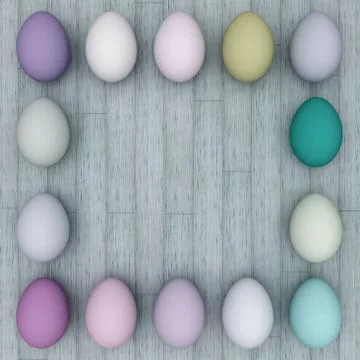 Frame from easter eggs on a light wooden background. Copy space. 3D rendering Stock Illustration