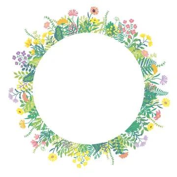 A frame featuring circular cutouts of flowers and plants, designed with war.. Illustrazione stock