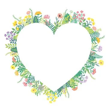 A frame featuring heart-shaped cutouts amidst flowers and plants, rendered .. Stock Illustration